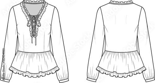 CAD drawing flat vector illustration, ruffled lace-up blouse sketch, peplum hemline detail, puff sleeve design, fashion garment template layout