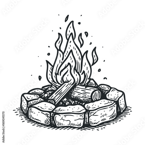 Cozy campfire with stones glowing at night for outdoor gatherings