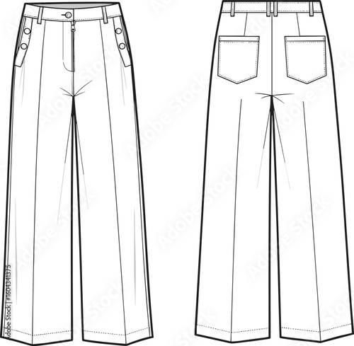 CAD drawing flat vector illustration, pants front and back sketch, flap pocket design, button closure, belt loops, fashion template artwork