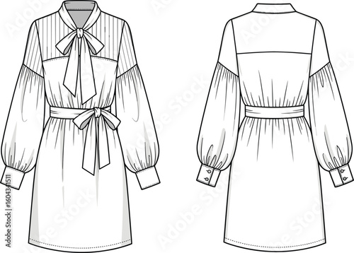 CAD drawing flat vector illustration, striped bodice dress sketch, bow neckline detail, puffed sleeves, belted waist, fashion garment template