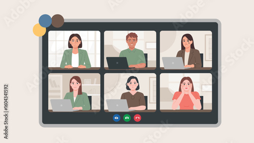 Six participants in virtual video meeting interface—diverse faces on screen, laptop-style UI with answer and end-call buttons, online connection
