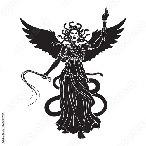 Dreadful Tisiphone digital black visual, accurately portraying this beloved deity – Tisiphone silhouette – Tisiphone Vector – Silhouette of Tisiphone – Greek goddess vector

