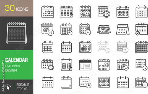 A compilation of calendar icons symbolizes appointments, planning, and deadlines in a clean, customizable line art design.