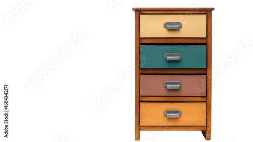 Colorful wooden drawer cabinet displayed in a minimalistic style featuring four different colored drawers in a home setting on transparent background