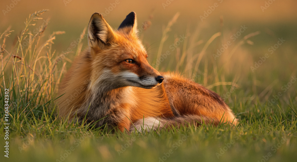 Naklejka premium A stunning wild red fox resting peacefully in a meadow of tall grass during a golden hour sunset.