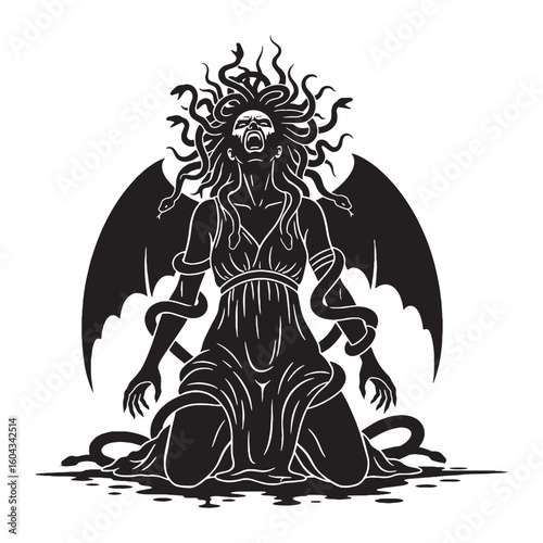 Punishing Tisiphone digital black silhouette, showcasing her distinctive and wrathful form – Tisiphone silhouette – Tisiphone Vector – Silhouette of Tisiphone – Greek goddess vector

