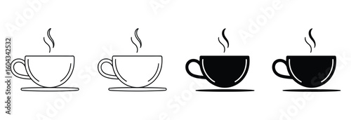 Vector art of coffee cup icon evolution from detailed outline to solid silhouette with steam