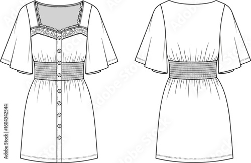 CAD drawing flat vector illustration, smocked waist dress sketch, lace-trim neckline design, gathered bust and waist, button front closure