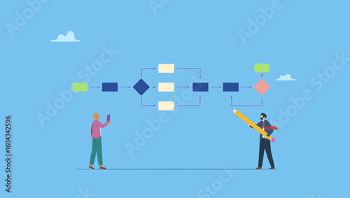 Business people drawing workflow process. Business process, workflow diagram or model design, flowchart to get result, map or plan for business procedure, solution, strategy to implement.