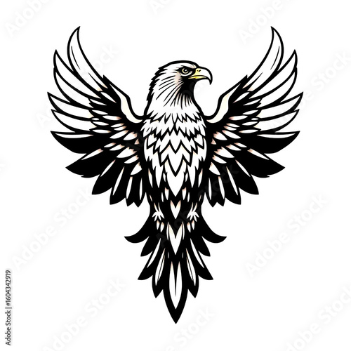Black and white vector image of an eagle facing forward with its head slightly turned to the side, featuring detailed feathers. Suitable for tattoos, logos, or wild animal-themed designs.