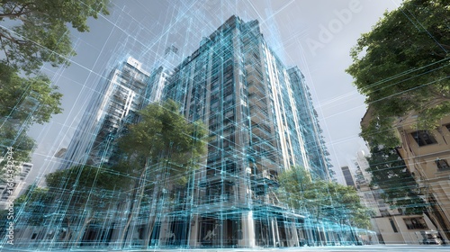 Digital twin or BIM model of a modern building with a futuristic holographic wireframe overlay
