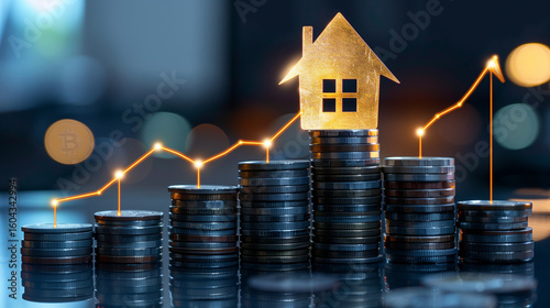  a visually striking digital concept of real estate investment and economic growth It features a glowing orange outline of a house filled with stacked coins at the center, symbolizing wealth 