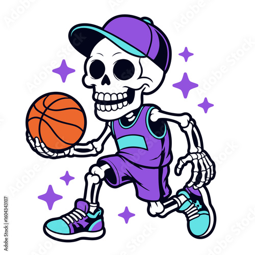 Skeleton Playing Basketball in Purple and Teal Uniform Illustration