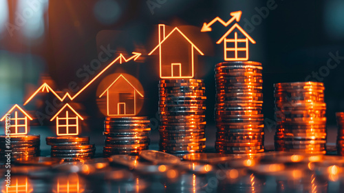 a visually striking digital concept of real estate investment and economic growth It features a glowing orange outline of a house filled with stacked coins at the center, symbolizing wealth 