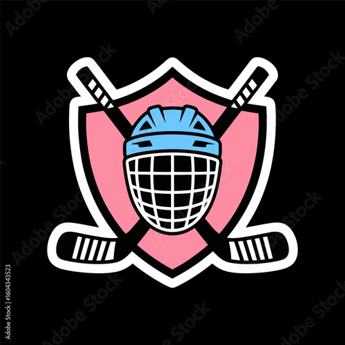 Pink Shield Emblem with Blue Hockey Helmet and Crossed Sticks