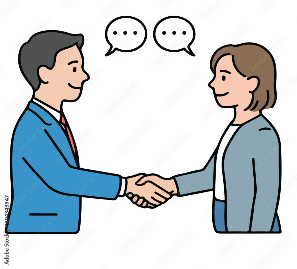 Fototapeta premium Professional business man and woman engaged in conversation and handshake symbolizing partnership collaboration and teamw