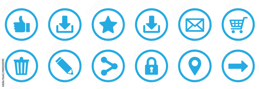 Vector art of set of blue circular icons for user interface elements Vector art of set of blue circular icons for user interface elements