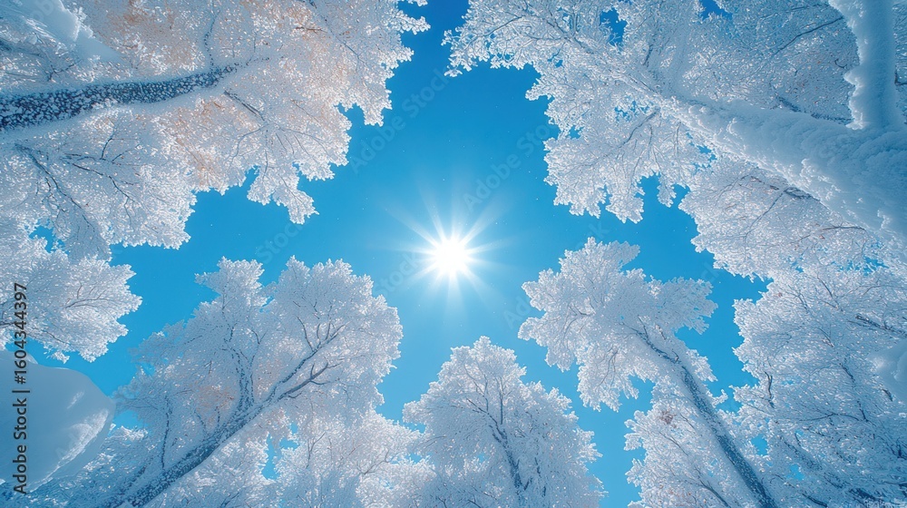 Fototapeta premium Sunlit Winter Wonderland Snow-Covered Trees Reach for a Bright Blue Sky