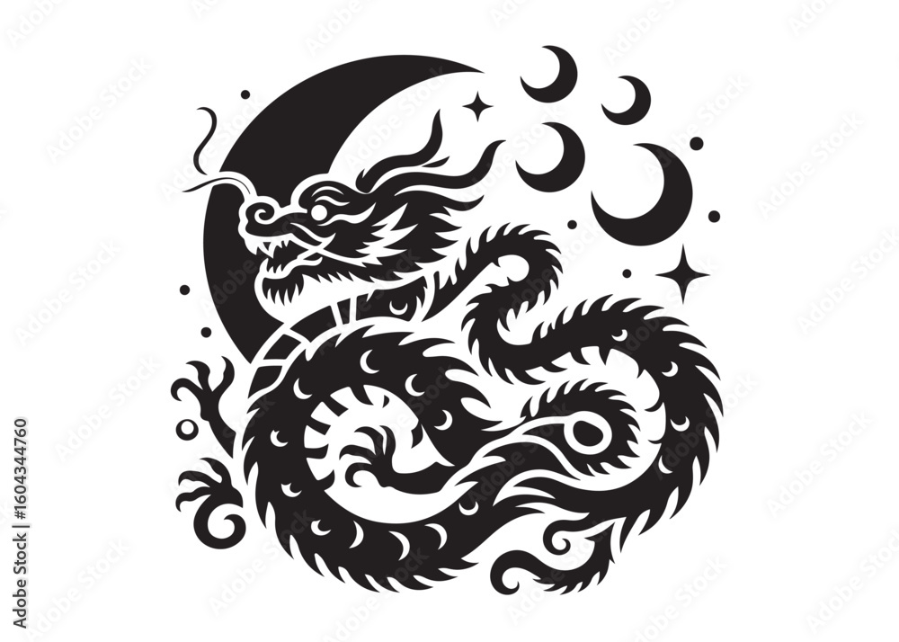 Naklejka premium traditional chinese dragon silhouette vector illustration, chinese new year dragon logo silhouette, chinese dragon logo design, chinese dragon logo vector silhouette on white background