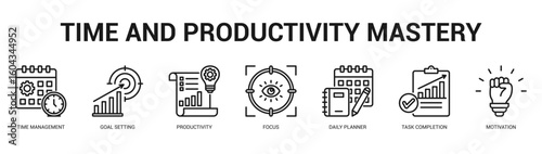 Time and Productivity Mastery Modern and clean web banner illustration featuring thematic icons for visual communication