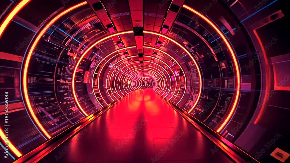 Futuristic red neon tunnel with circular geometric shapes and dark background