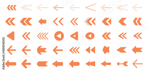Vector art of a collection of orange arrows pointing in various directions showcasing different styles and shapes on a white background