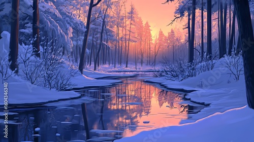 Winter forest by a frozen river at sunset, with reflections on the water