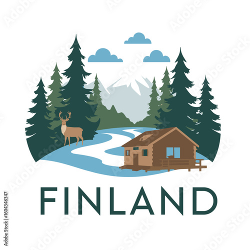 Vector illustration of Finland with wooden cabin, pine forest, deer, river and snowy mountains in natural scenery