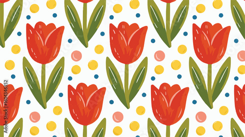 Red tulips and scattered dots seamless pattern design floral