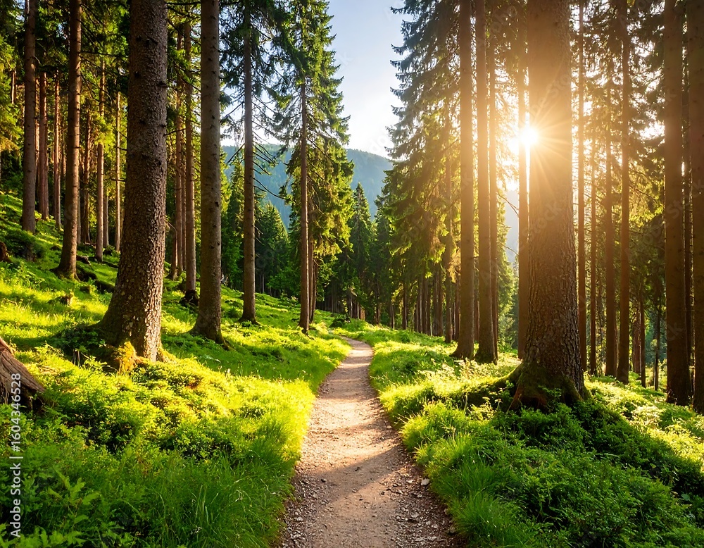 Fototapeta premium Sunlit path through a lush forest