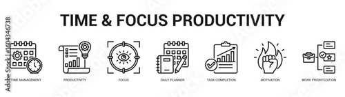 Time and Focus Productivity Modern and clean web banner illustration featuring thematic icons for visual communication