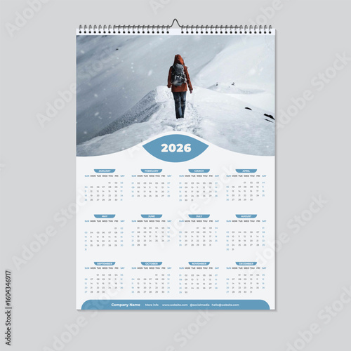 Winter Calendar Planner 2026 Layout. 2026 One page wall calendar design template, modern 12 months one page calendar 