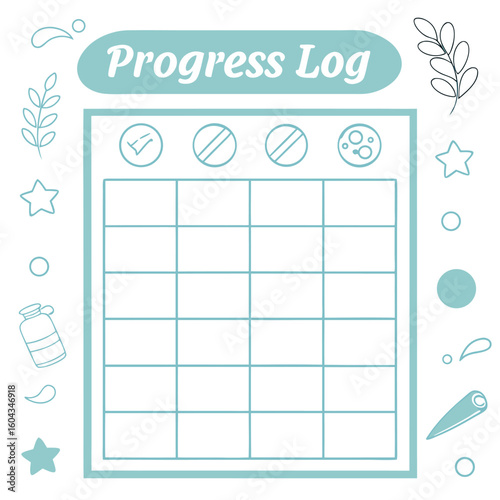 Cute and simple progress log template with icons for tracking habits goals and daily achievements in a visually appealing layout