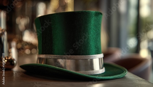 Emerald green top hat, metallic band, on a bar counter