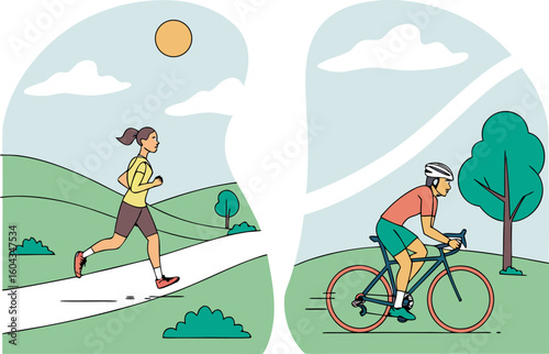 Active lifestyle woman running and man cycling in a park on a sunny day illustrating outdoor fitness and recreation
