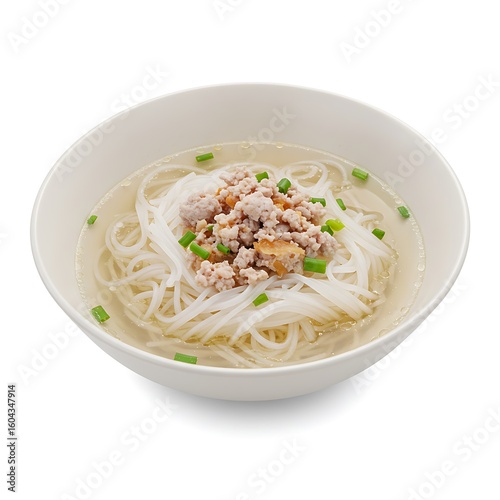 soft boiled thai rice noodles with minced pork and clear soup, light flavor, elderly friendly ,isolated on white background