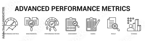 Advanced Performance Metrics Modern and clean web banner illustration featuring thematic icons for visual communication