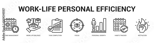 WorkLife Personal Efficiency Modern and clean web banner illustration featuring thematic icons for visual communication