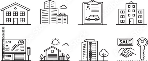 Minimalist City Architecture Icon Set – Line Art Buildings, Houses & Urban Infrastructure in Black and White