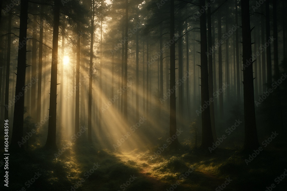 Fototapeta premium Mystical Forest Sunrise: Sunlight Piercing the Fog