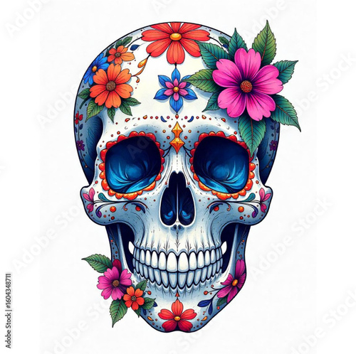 Mexico's Day of the Dead — El Día de los Muertos — skull decorated with colorful flowers.