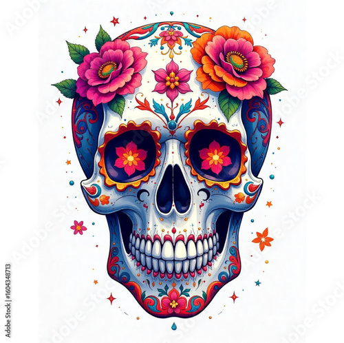 Mexico's Day of the Dead — El Día de los Muertos — skull decorated with colorful flowers.