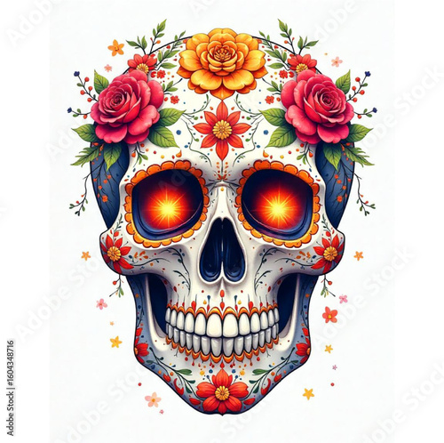 Mexico's Day of the Dead — El Día de los Muertos — skull decorated with colorful flowers.