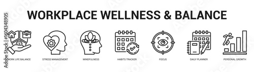 Workplace Wellness and Balance Modern and clean web banner illustration featuring thematic icons for visual communication