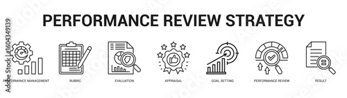 Performance Review Strategy Modern and clean web banner illustration featuring thematic icons for visual communication