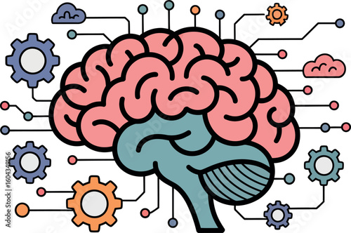 Illustration of a brain connected to gears and clouds with lines and circles on a white background