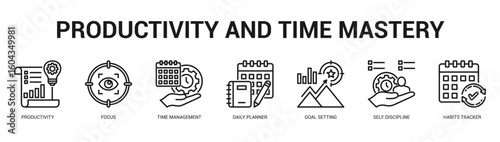 Productivity and Time Mastery Modern and clean web banner illustration featuring thematic icons for visual communication