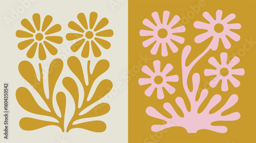 Two abstract floral motifs in mustard yellow and pale pink on contrasting backgrounds flower petal