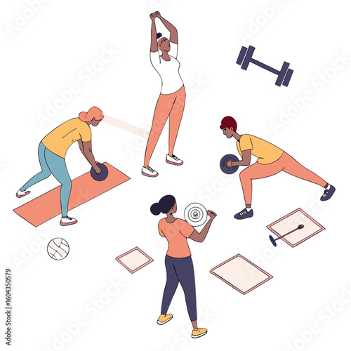 Diverse group of people engaged in various fitness activities including stretching weightlifting and core exercises promoting a healthy lifestyle