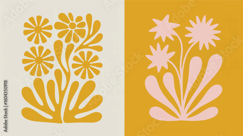 Two abstract floral shapes in yellow and pink on cream and ochre backgrounds flower pattern
